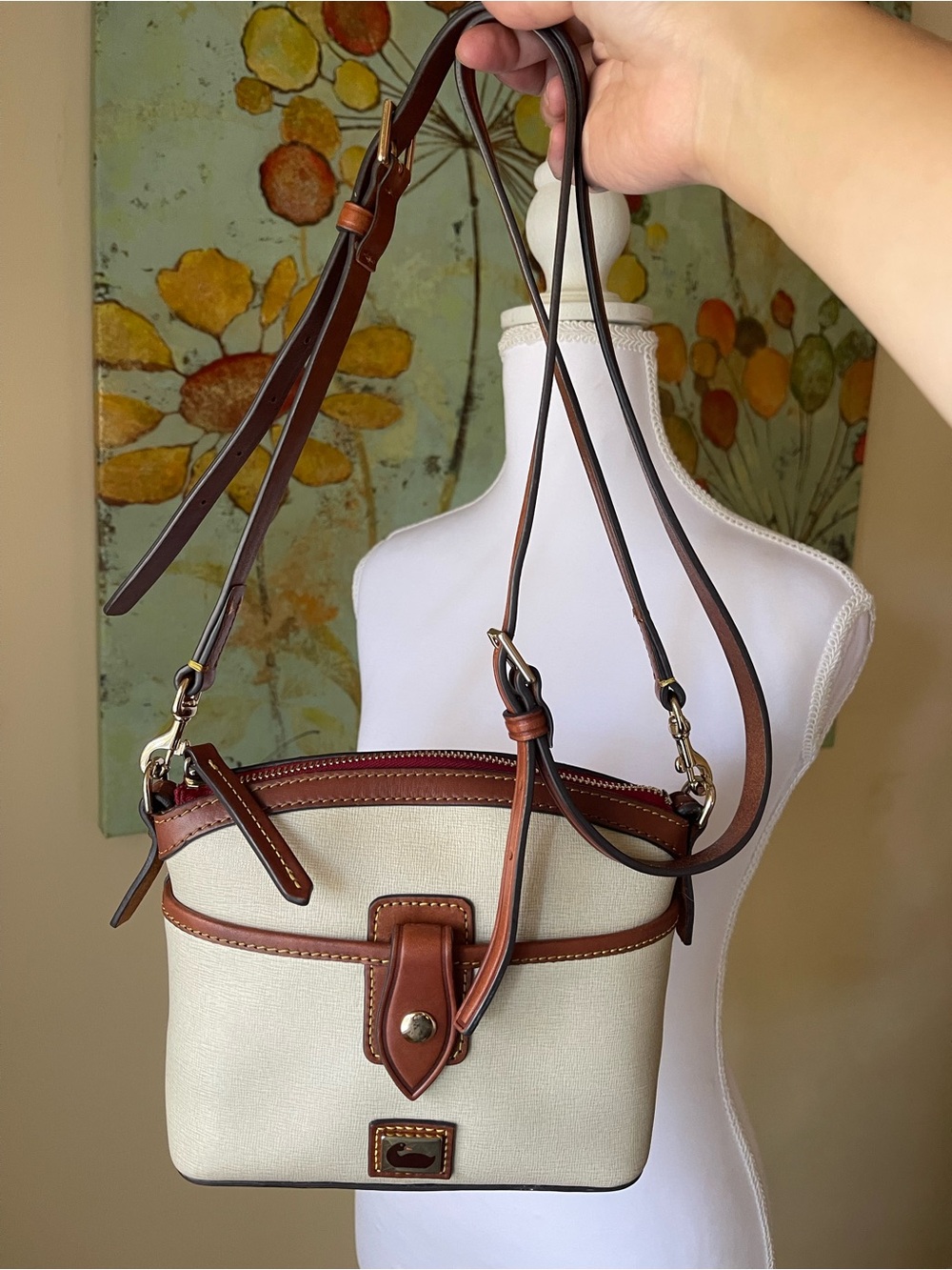 Dooney & Bourke Cream Canvas Crossbody with Brown Leather Trim